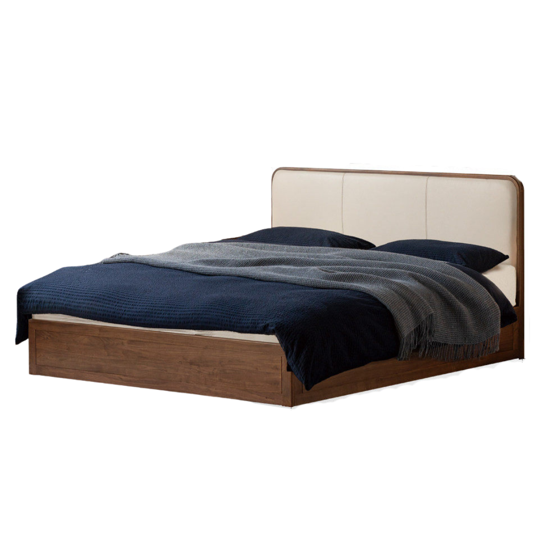 Black Walnut Solid Wood Box Bed — Soft Headboard, Italian Light Luxury Genuine Leather Bed