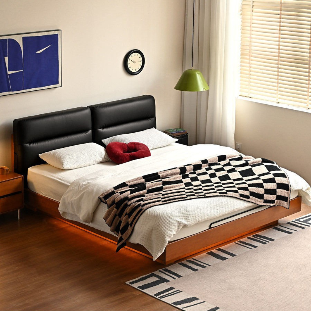 Poplar Solid Wood Box Bed — Upholstered Floating Bed with Bauhaus Style
