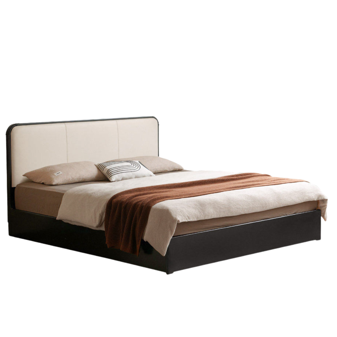 Rubberwood Solid Wood Box Bed — Modern Minimalist Black Upholstered Bed with Storage and Genuine Leather