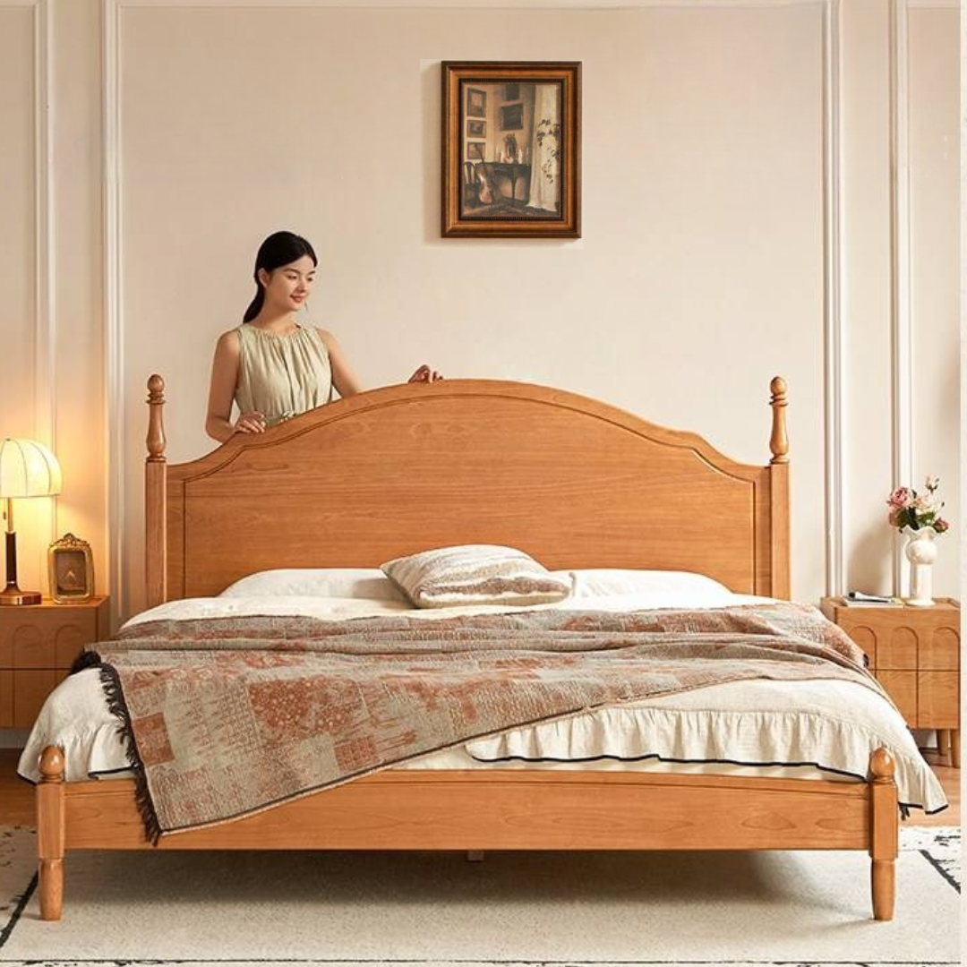 Birch Solid Wood Bed — French Retro Style, Large Slab Design, Mid-Range Style
