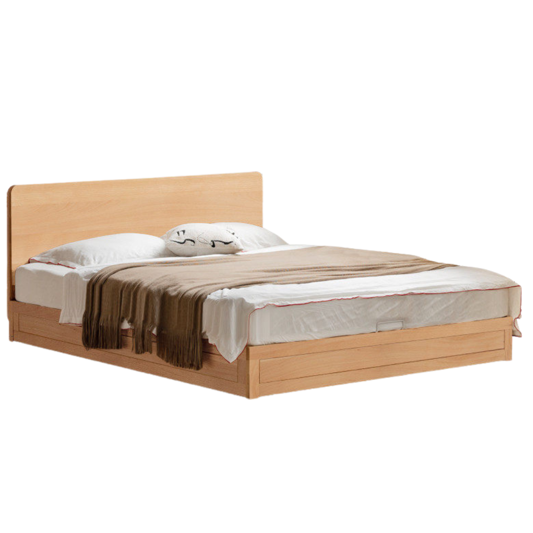 Oak, Beech Solid Wood Box Bed — Minimalist Side-Opening Storage Bed