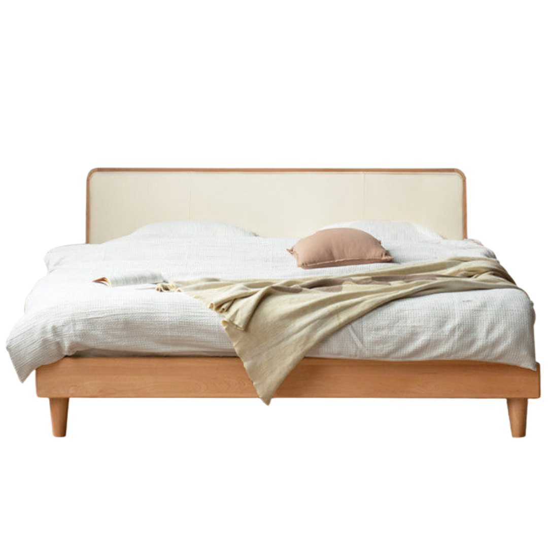 European Beech Solid Wood Bed — Soft Headboard, Simple Upholstered Light Luxury Bed