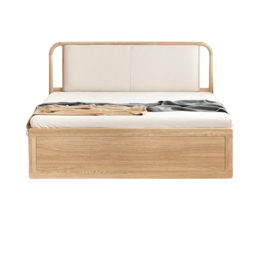 Ash Solid Wood Floor Bed — Modern Minimalist, High Box Design with Genuine Leather