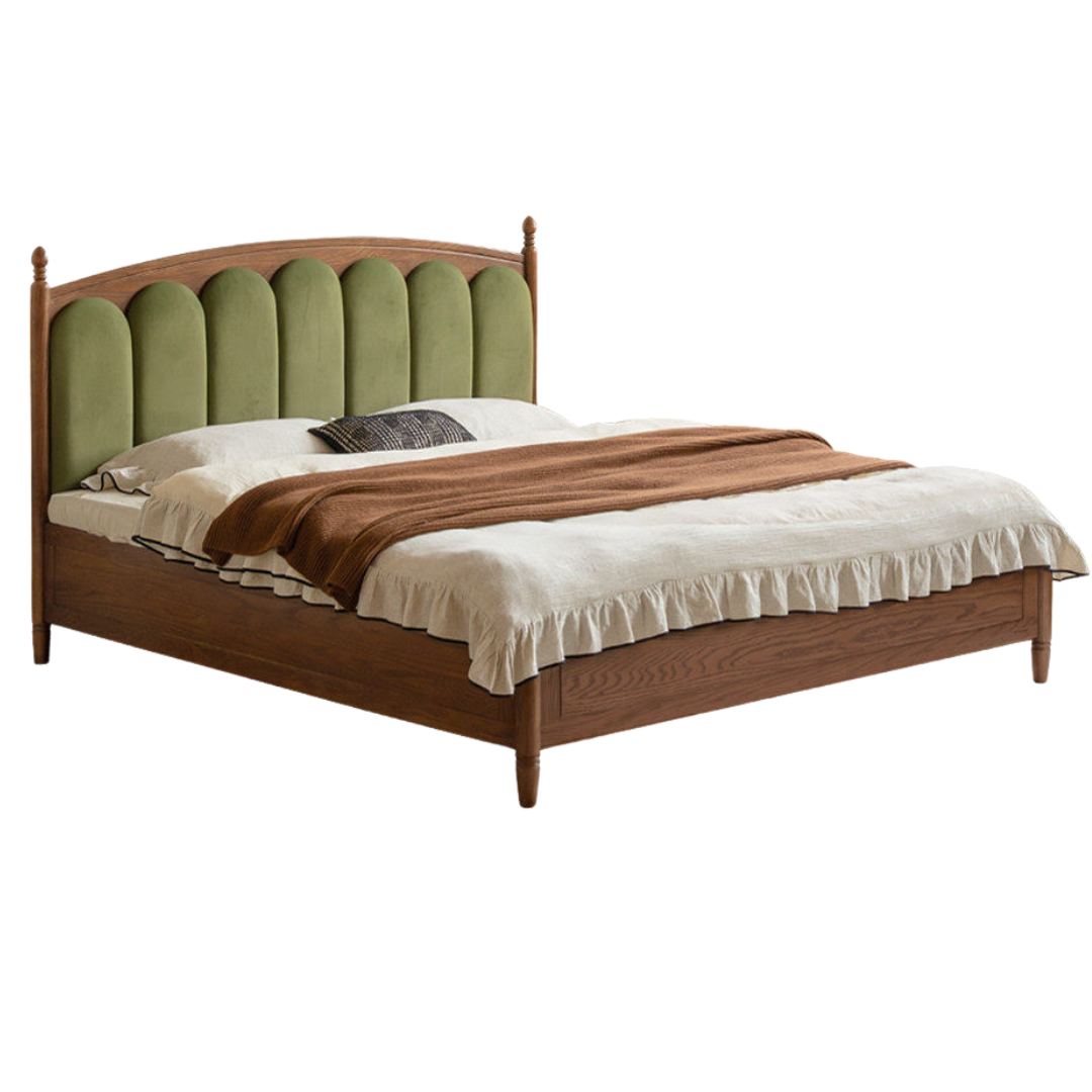 Oak Solid Wood Box Bed with Upholstered Vertical Channel Tufted Arched Headboard