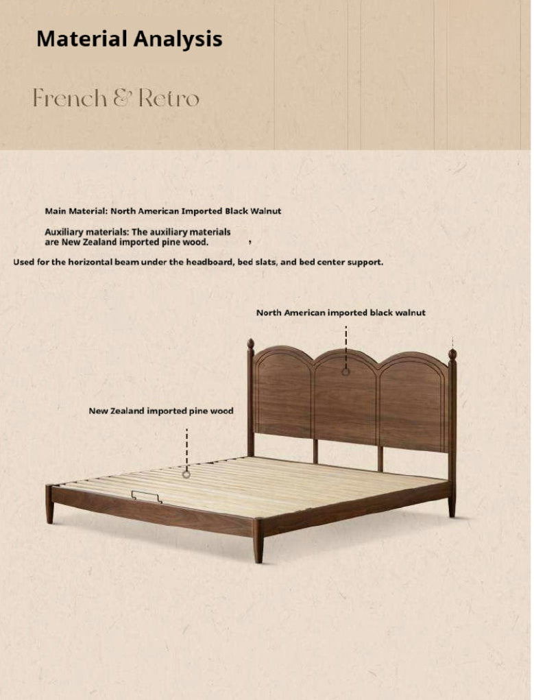 Black Walnut Solid Wood Bed with Arched French Country Headboard and Spindle Legs