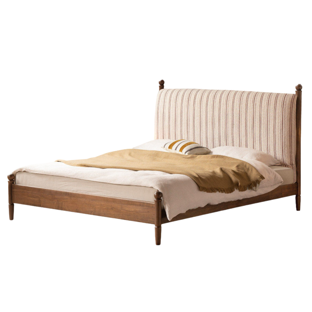 Black Walnut Solid Wood Striped Upholstered Panel Bed