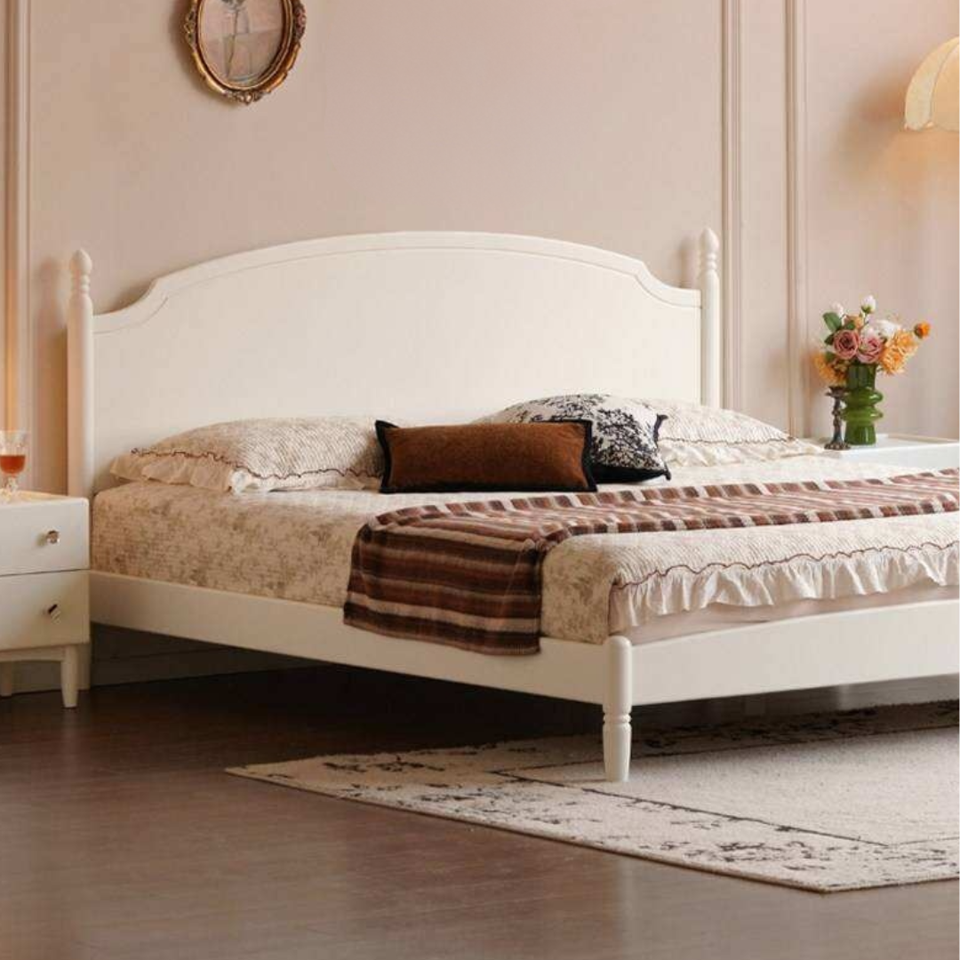 Rubberwood Solid Wood French Style Bed with White Curved Headboard and Elegant Retro Frame