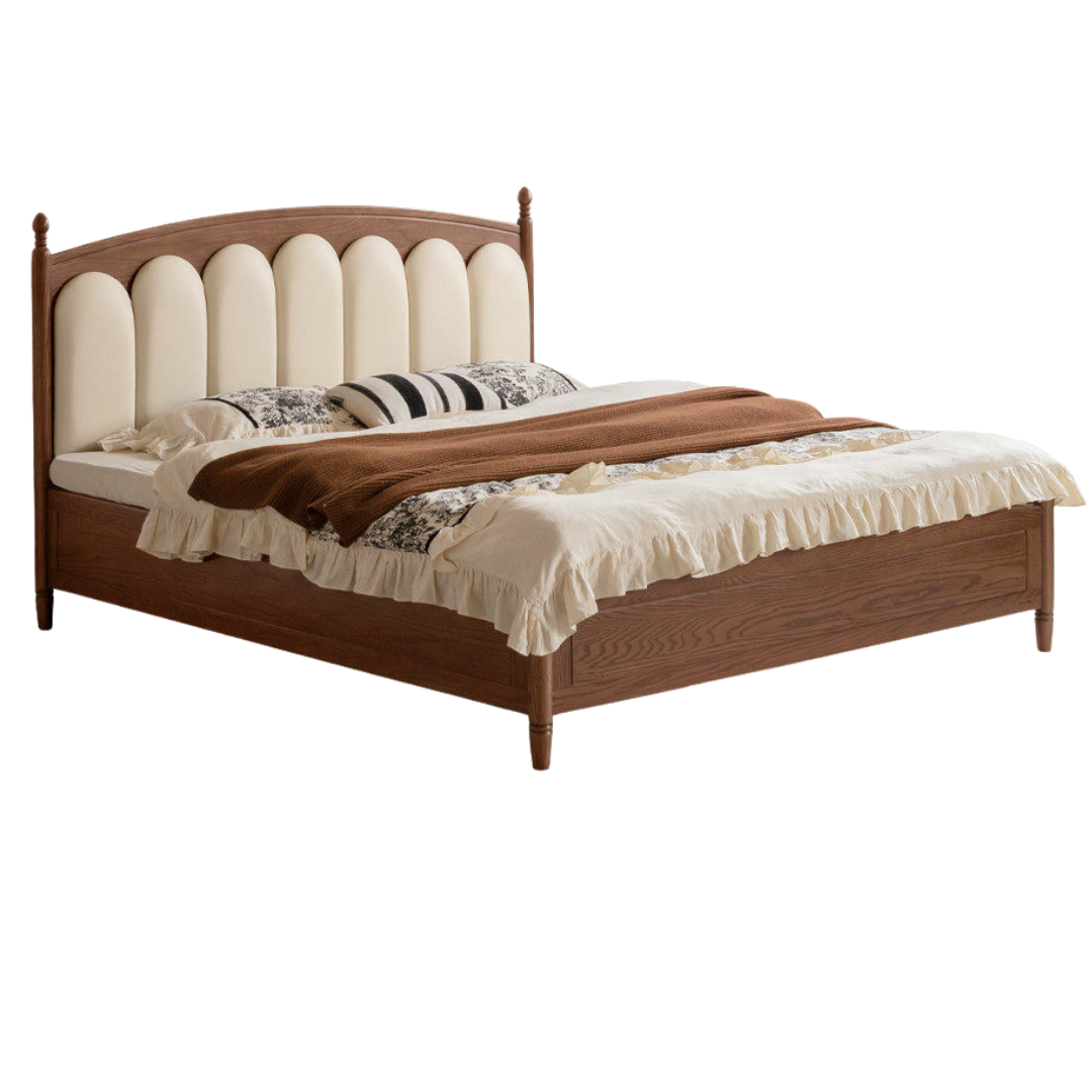 Oak Solid Wood Box Bed with Upholstered Vertical Channel Tufted Arched Headboard