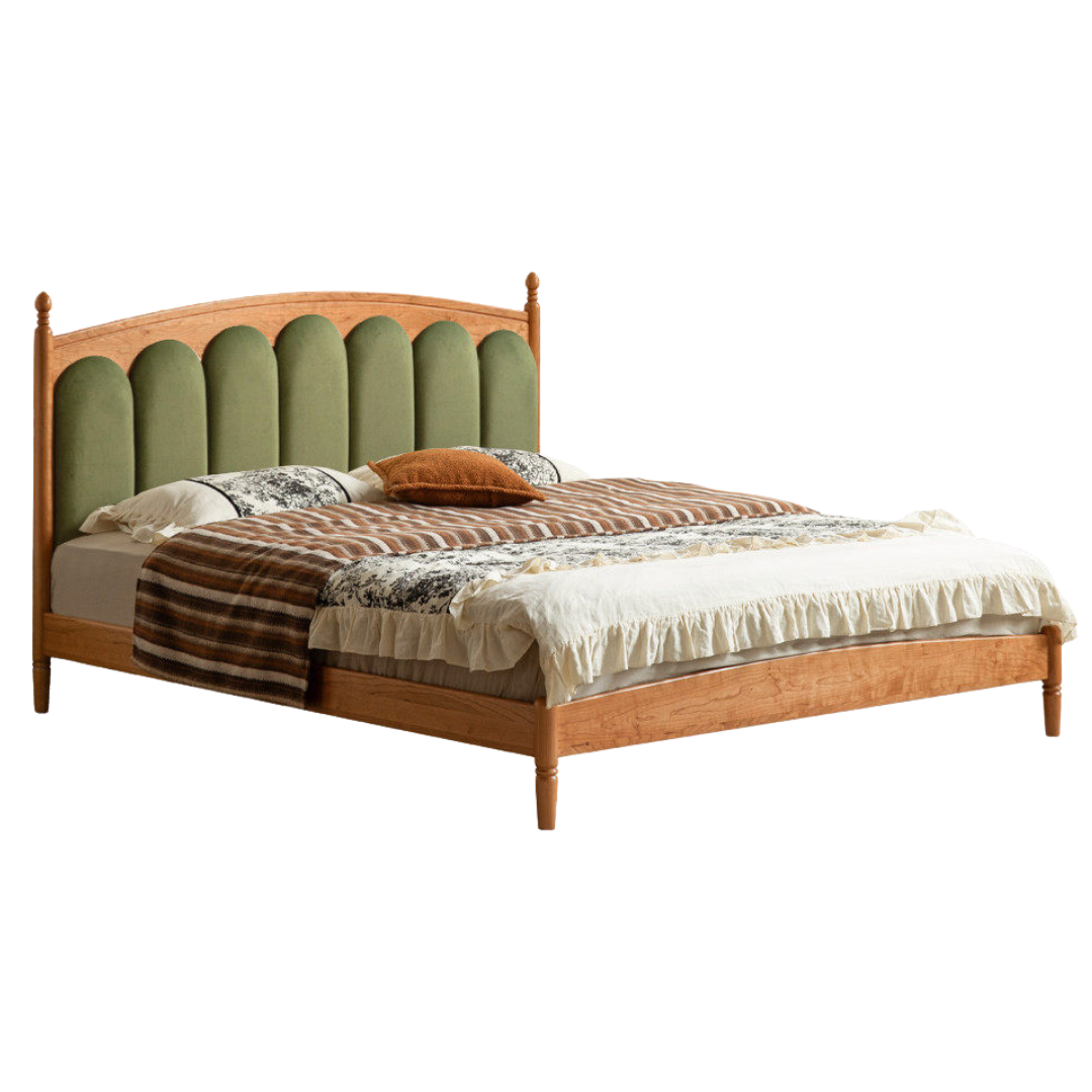 Cherry Solid Wood Genuine Leather, Velvet French-Inspired Scalloped Headboard Bed