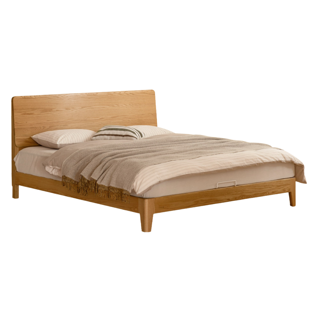 Oak Solid Wood Bed Platform Bed with Rectangular Panel Headboard and Tapered Legs