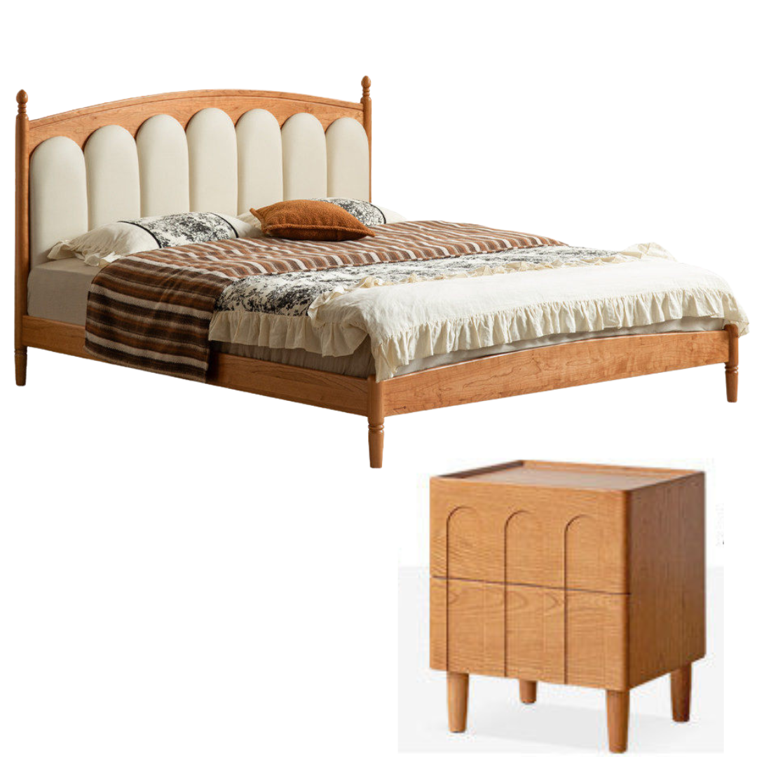 Cherry Solid Wood Genuine Leather, Velvet French-Inspired Scalloped Headboard Bed