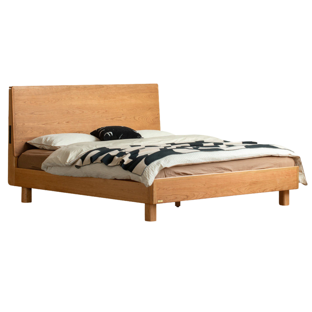 Cherry Solid Wood Bed Modern Minimalist Luminous Bed