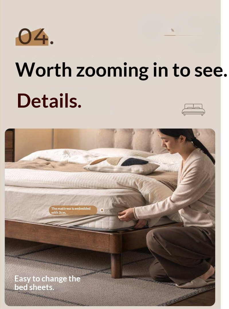 Rubberwood Solid Wood Bed with Oversized Soft Pillow Headboard
