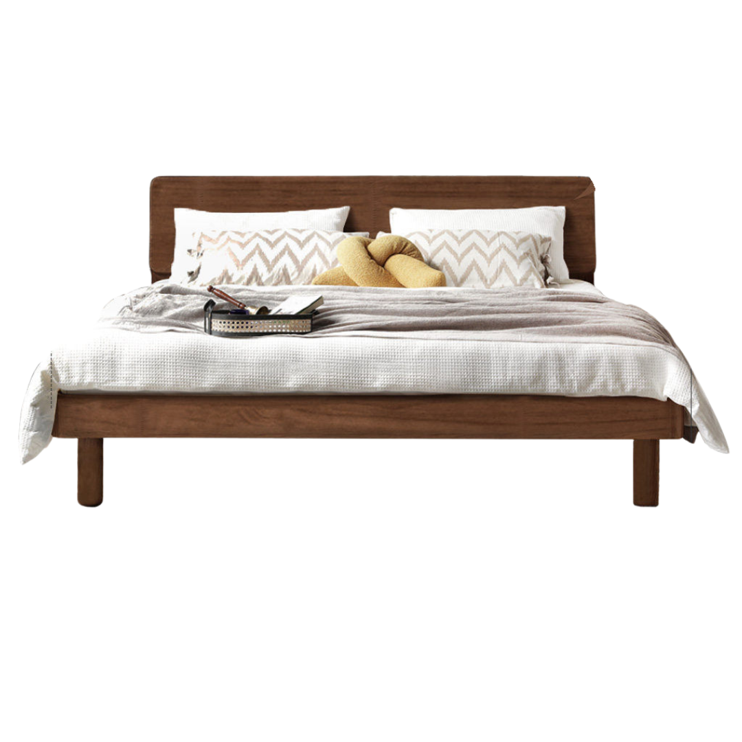 Oak, Rubberwood Solid Wood Bed with Light, Storage Space