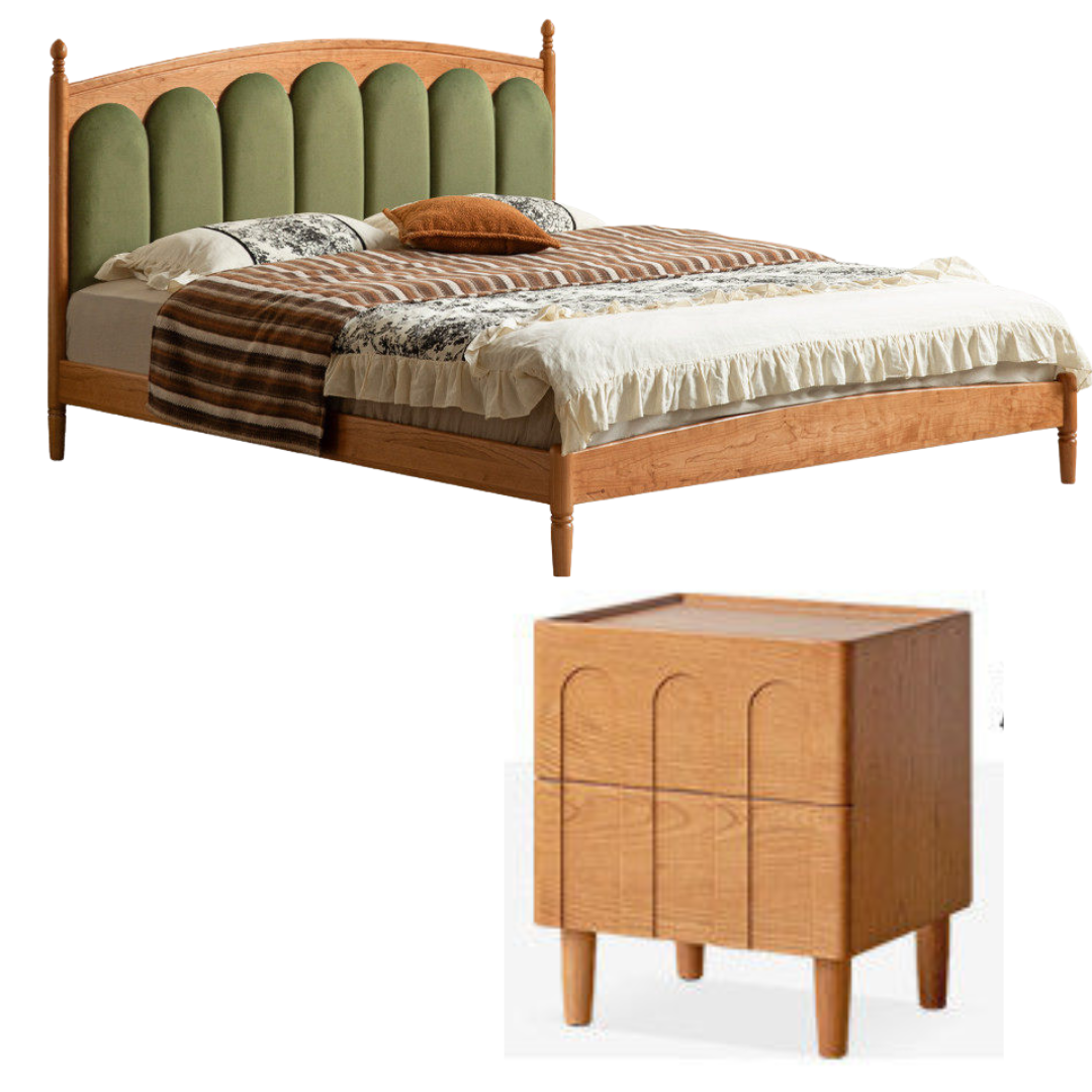 Cherry Solid Wood Genuine Leather, Velvet French-Inspired Scalloped Headboard Bed