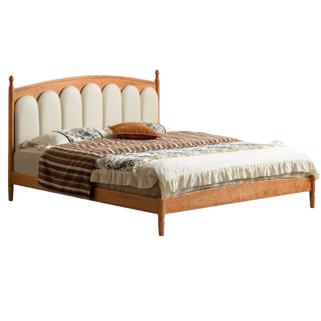 Cherry Solid Wood Genuine Leather, Velvet French-Inspired Scalloped Headboard Bed
