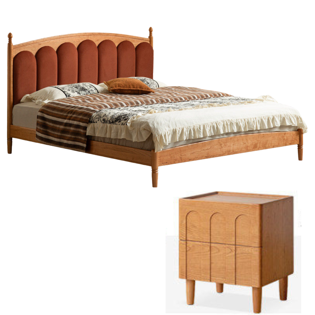Cherry Solid Wood Genuine Leather, Velvet French-Inspired Scalloped Headboard Bed