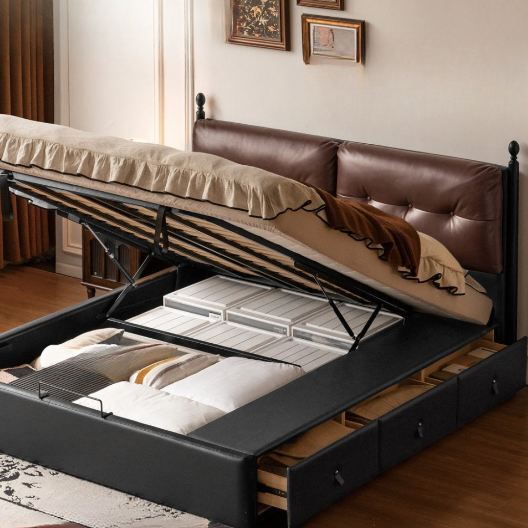 Genuine Leather Luxury Storage Bed with Lift-Up Storage Box Bed