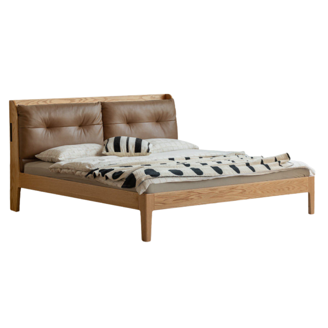 Oak Solid Wood Modern Leather Bed
