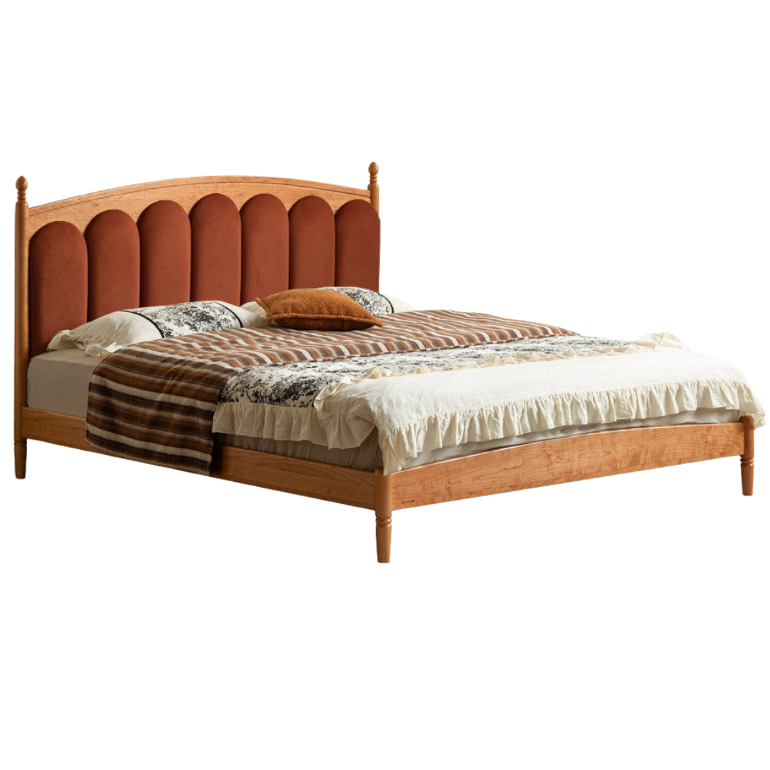 Cherry Solid Wood Genuine Leather, Velvet French-Inspired Scalloped Headboard Bed