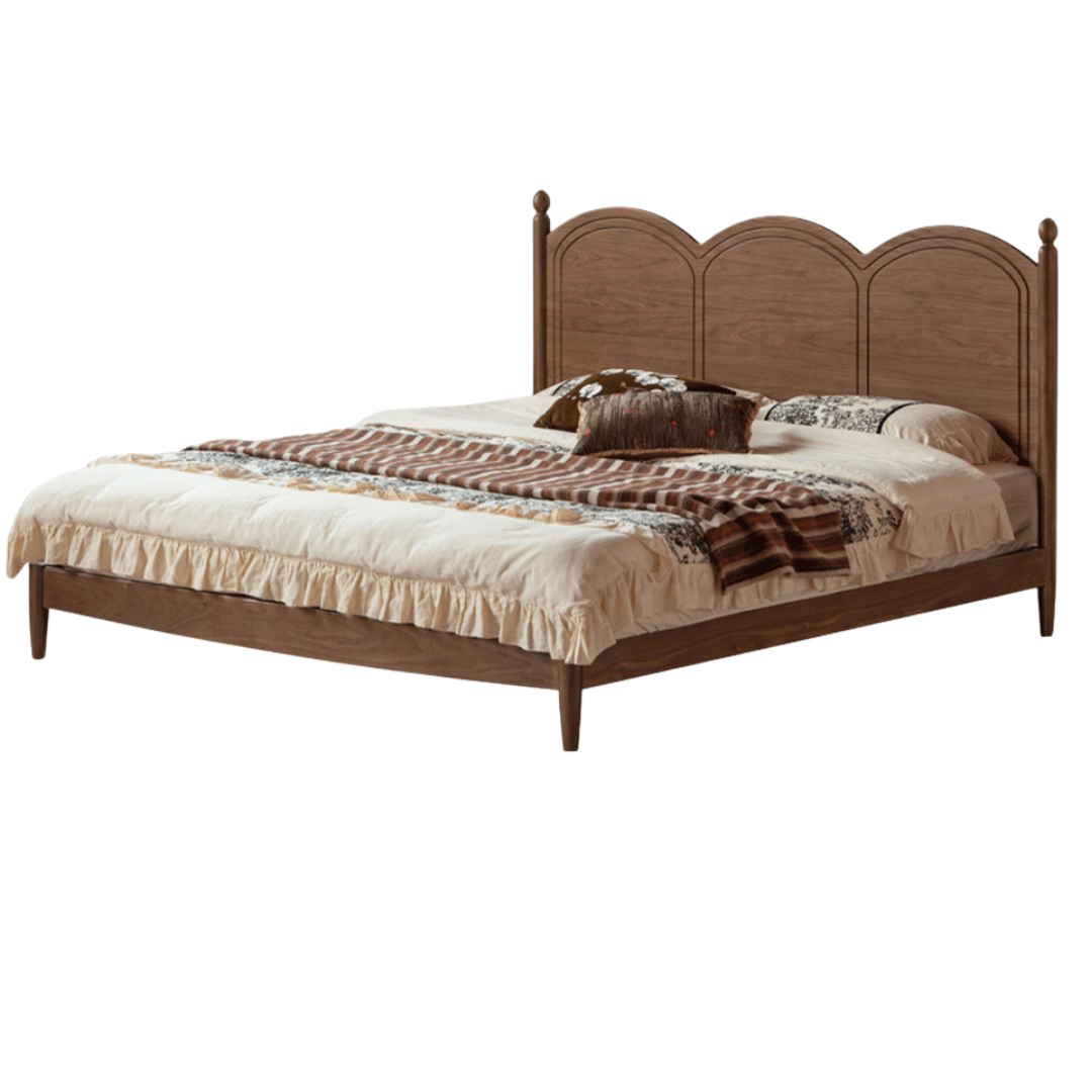 Black Walnut Solid Wood Bed with Arched French Country Headboard and Spindle Legs