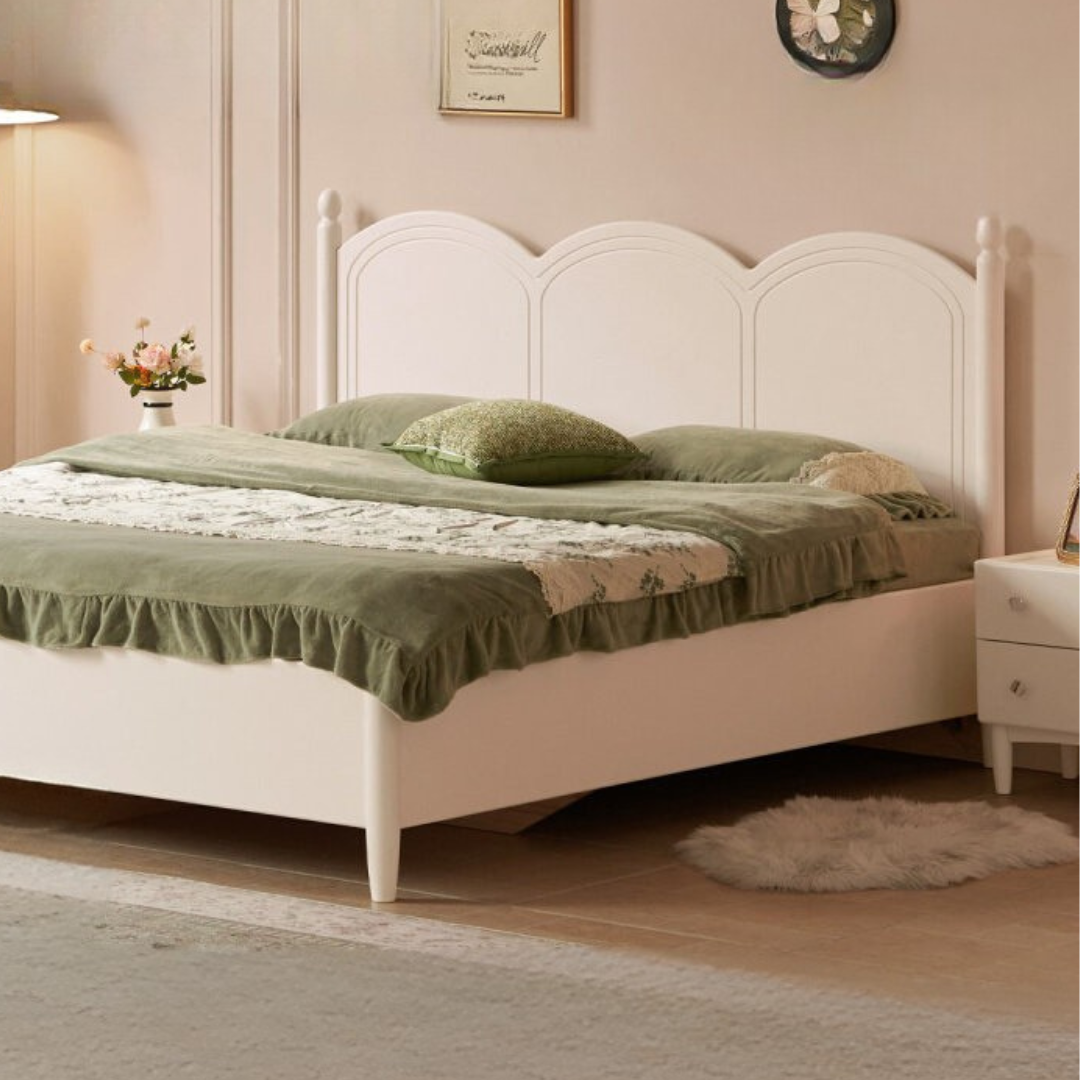 Rubberwood Solid Wood Bed with White Cream Style Large Box Frame