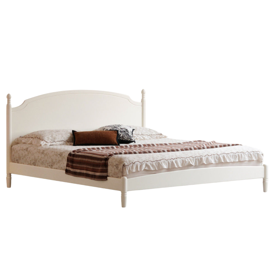 Rubberwood Solid Wood French Style Bed with White Curved Headboard and Elegant Retro Frame