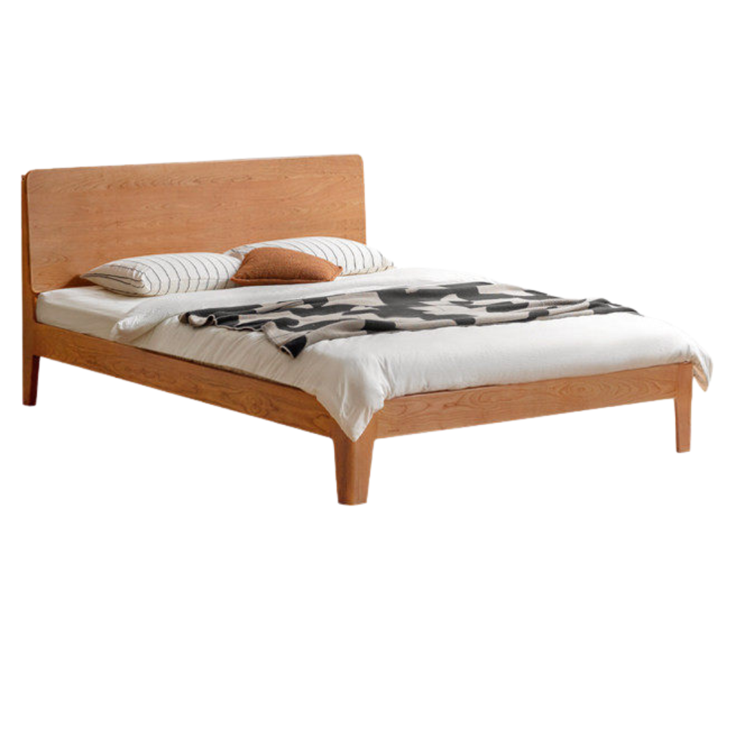 Cherry Solid Wood Platform Bed with Slightly Reclined Panel Headboard and Tapered Legs