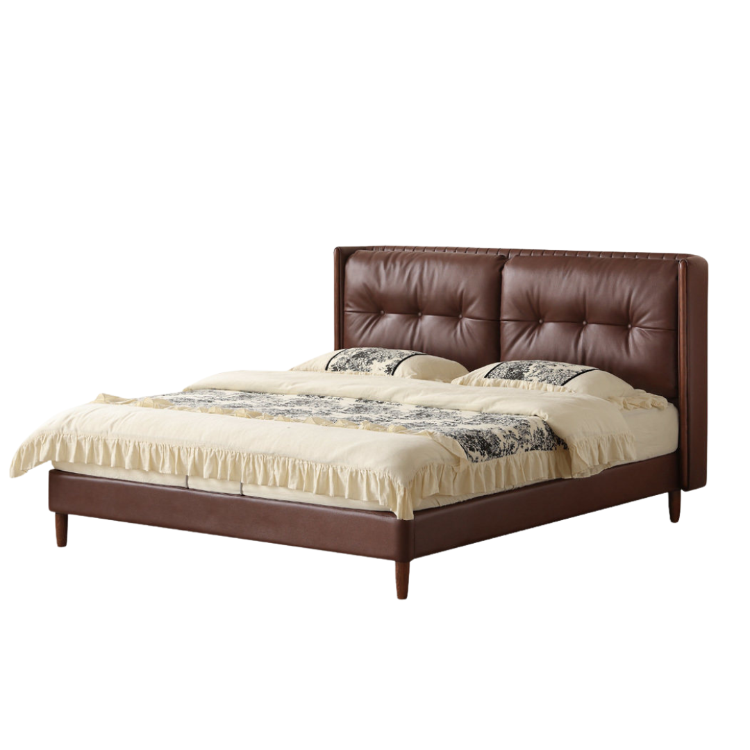 Ash solid wood Genuine Leather Tufted Wingback Bed with Extra Tall Headboard