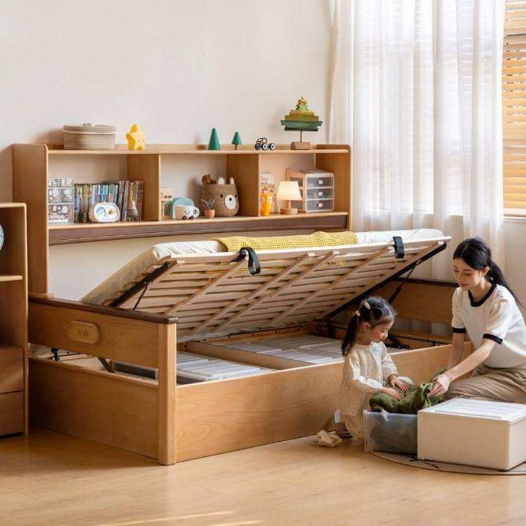 Beech Solid Wood Kids Storage Bed with Bookcase Headboard and Gas Lift Base