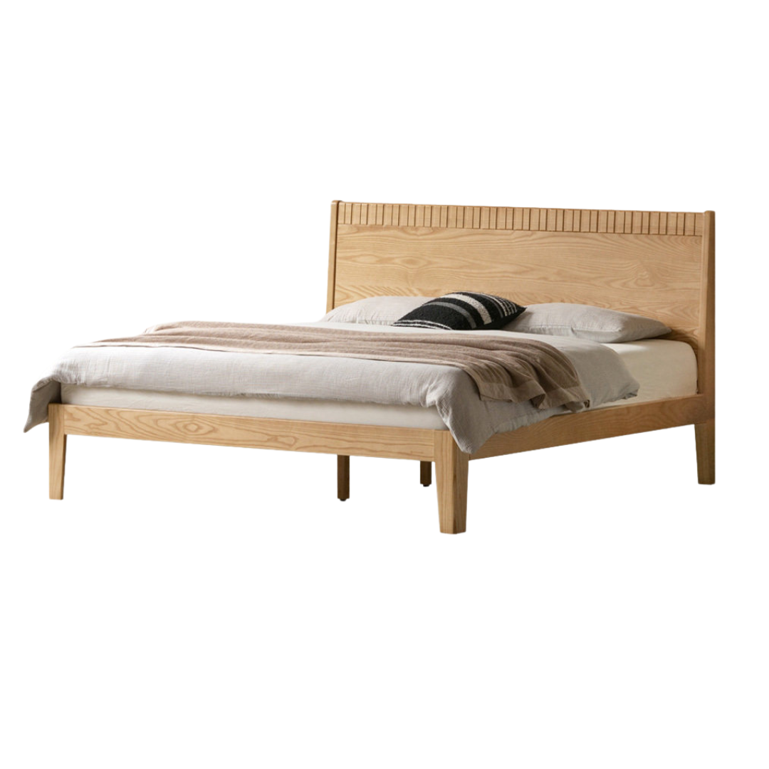 Ash Solid Wood Modern Minimalist Bed with Grooved Headboard and High Under-Bed Clearance