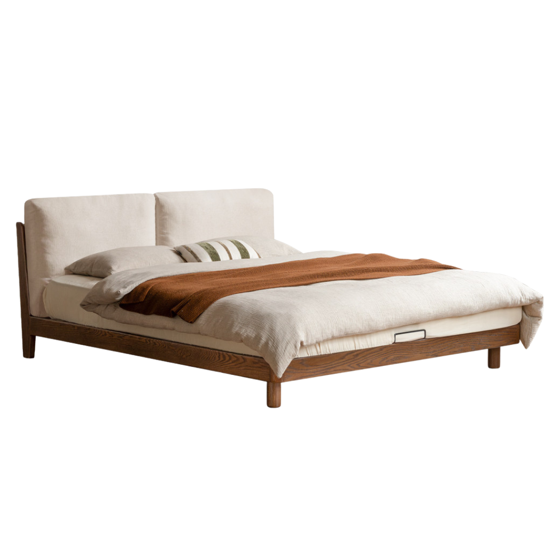 Oak Solid Wood, Modern Minimalist Soft Upholstered Genuine Leather, Fabric Bed