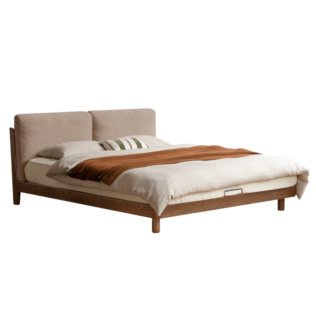 Oak Solid Wood, Modern Minimalist Soft Upholstered Genuine Leather, Fabric Bed