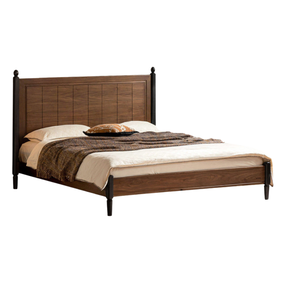 Black Walnut Solid Wood Four Poster Bed with Grid Panel Headboard