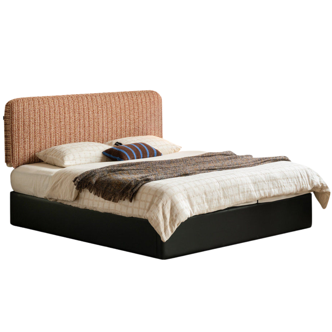 Terracotta Corduroy Storage Bed with Adjustable Headboard and Black Faux Leather Base