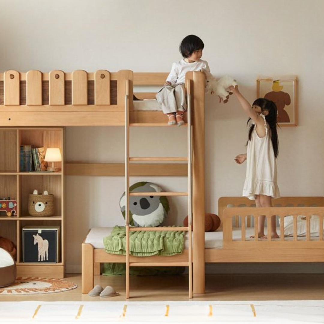 Beech Solid Wood L-Shaped Bunk Bed with Bookshelf Headboard and Detachable Guardrail