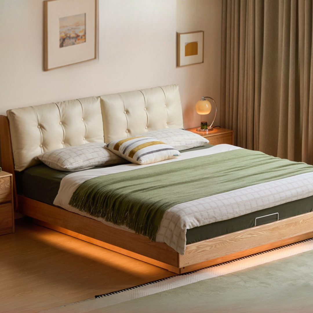 Oak Solid Wood with Upholstered Headboard Genuine Leather, Fabric Luminous Box Bed