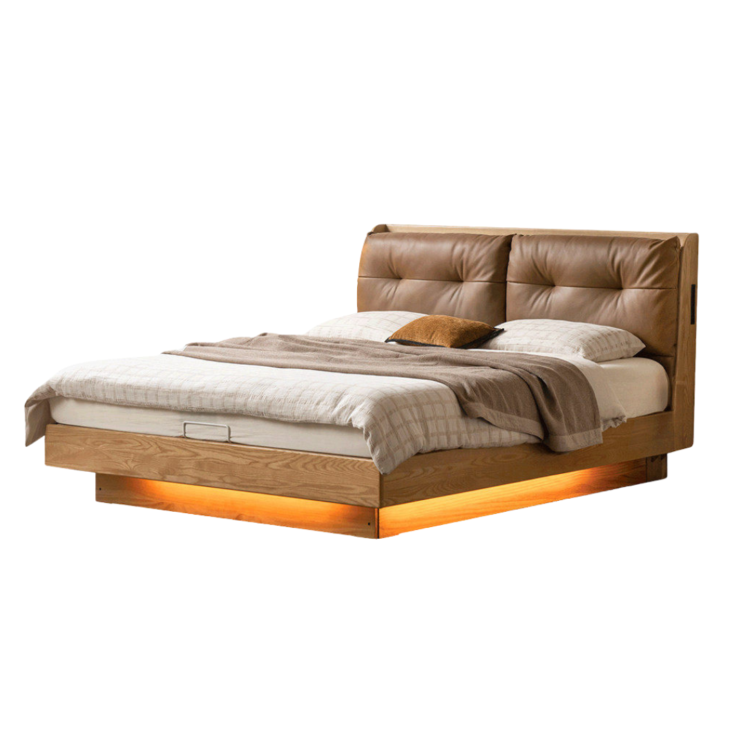 Ash Solid Wood Genuine Leather Upholstered Storage Bed with Electric Lift and LED Lighting