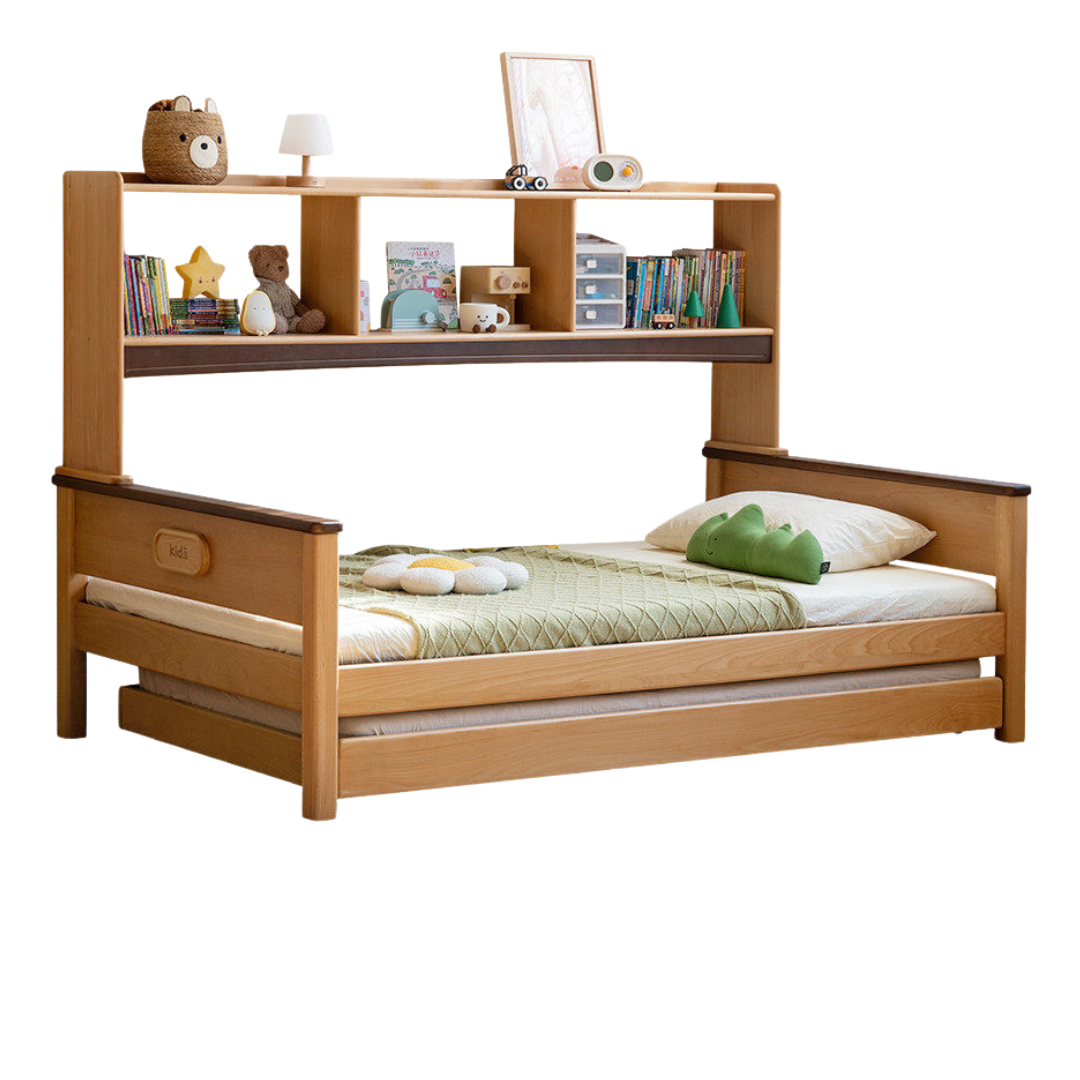 Beech Solid Wood Kids Bed with Bookcase Headboard and Pull-Out Trundle