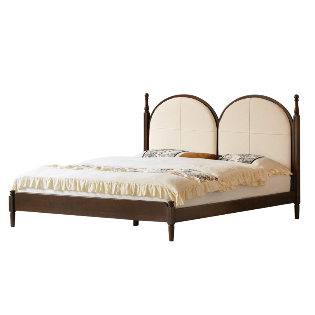 Poplar Solid Wood Bed with Double Arched Upholstered Headboard and Turned Wood Posts