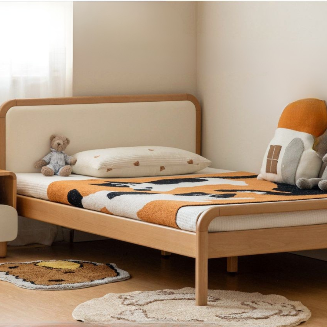Beech Solid Wood Kids Bed with Adjustable Height and Rounded Corner Headboard