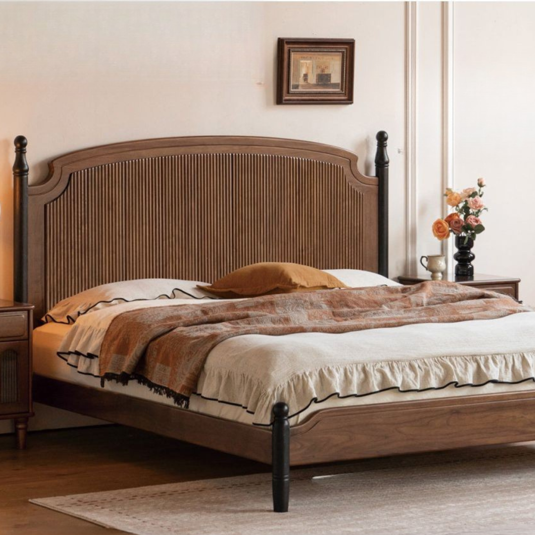 Black Walnut Solid Wood Bed with Reeded Arched Headboard and Turned Corner Posts