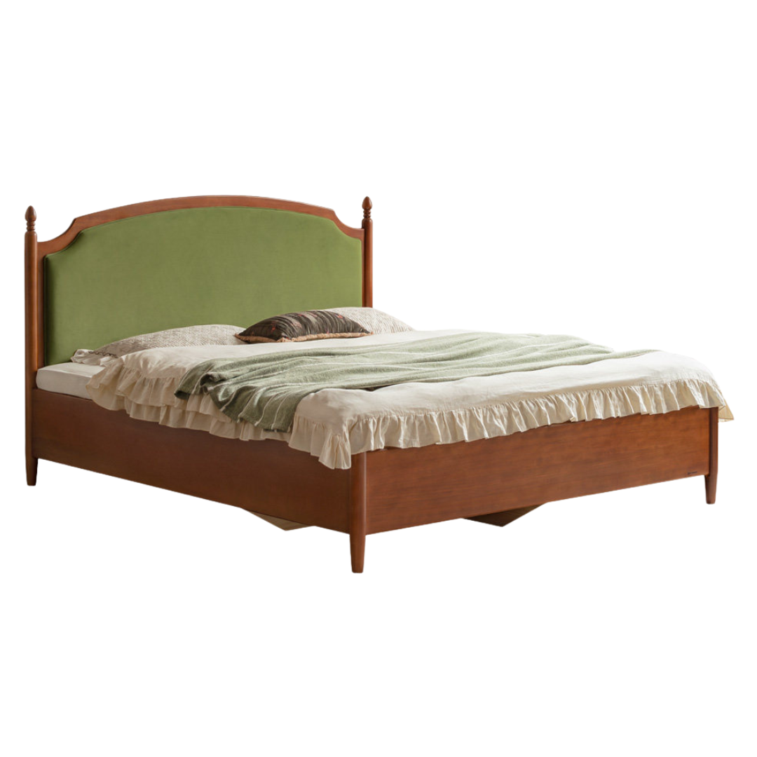 Poplar Solid Wood Bed – French Retro Design with Soft Fabric Upholstery