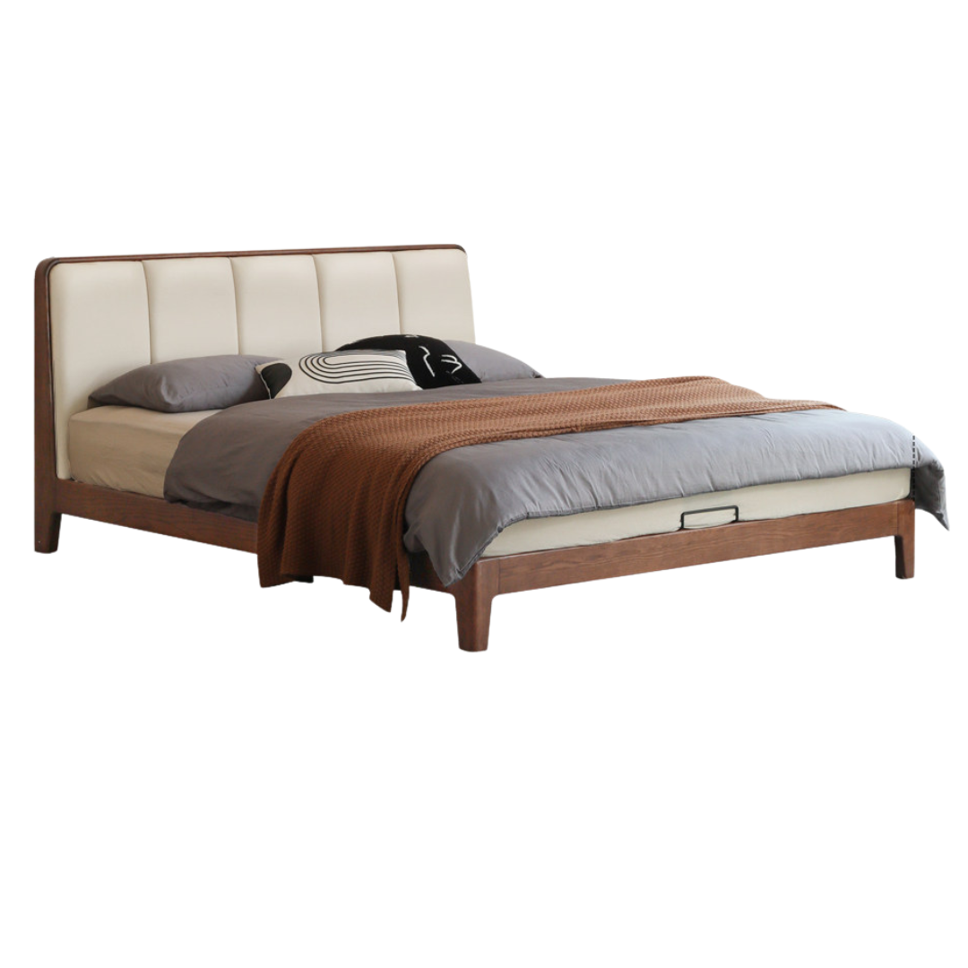 Oak, Rubberwood Solid Wood Genuine Leather, eco Leather Bed Modern