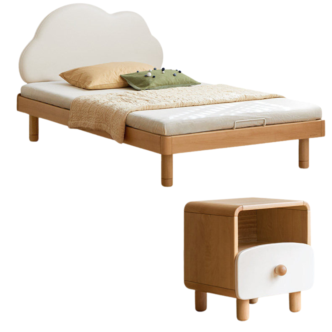 Beech Solid Wood Upholstered Kids Bed with Cloud-Shaped Headboard