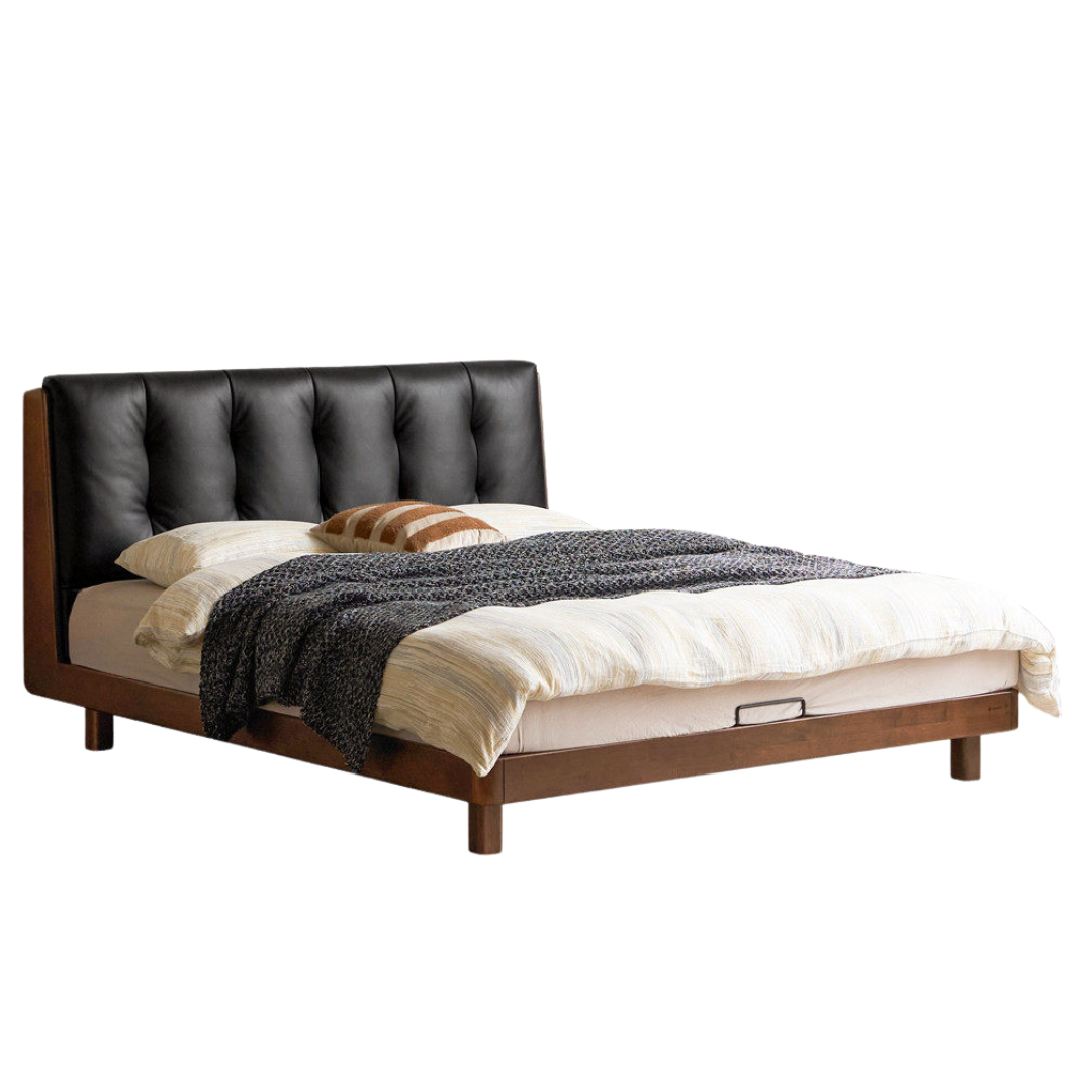 Rubberwood Solid Wood Italian Style Bed with Leather Headboard and Soft Goose Down Cushion