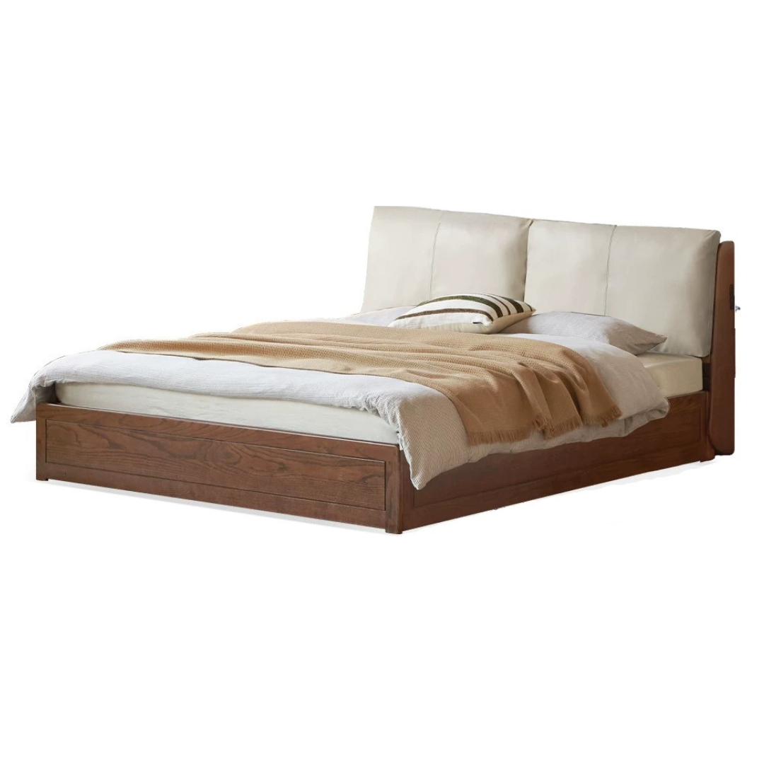 Oak Solid Wood Genuine Leather, Fabric Soft-Padded Box Bed