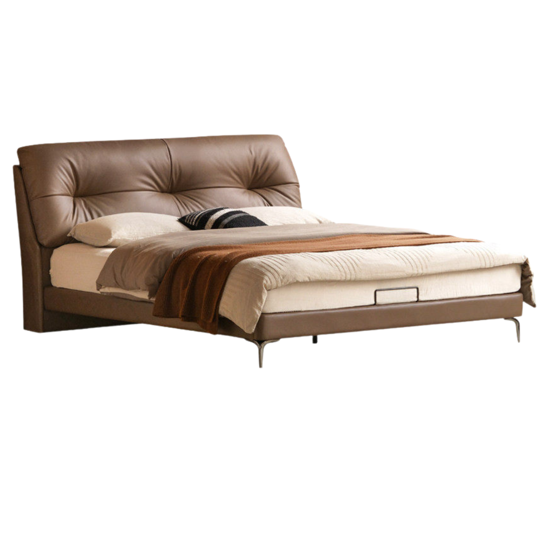Genuine Leather Platform Bed with Curved Tufted Headboard and Tapered Metal Legs