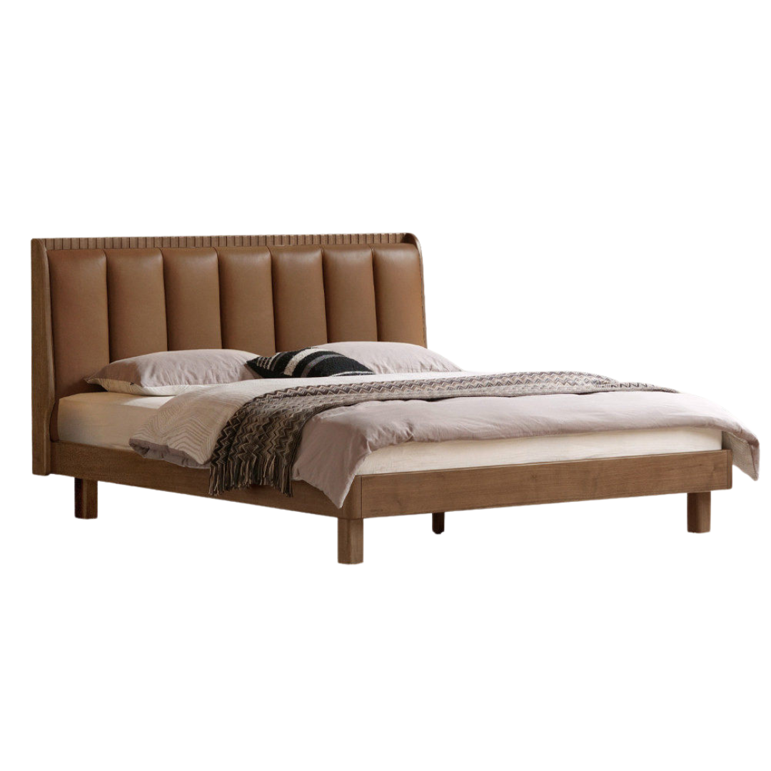 Black Walnut, Golden Sandalwood Solid Wood Genuine Leather Extra Tall Vertical Channel Tufted Platform Bed
