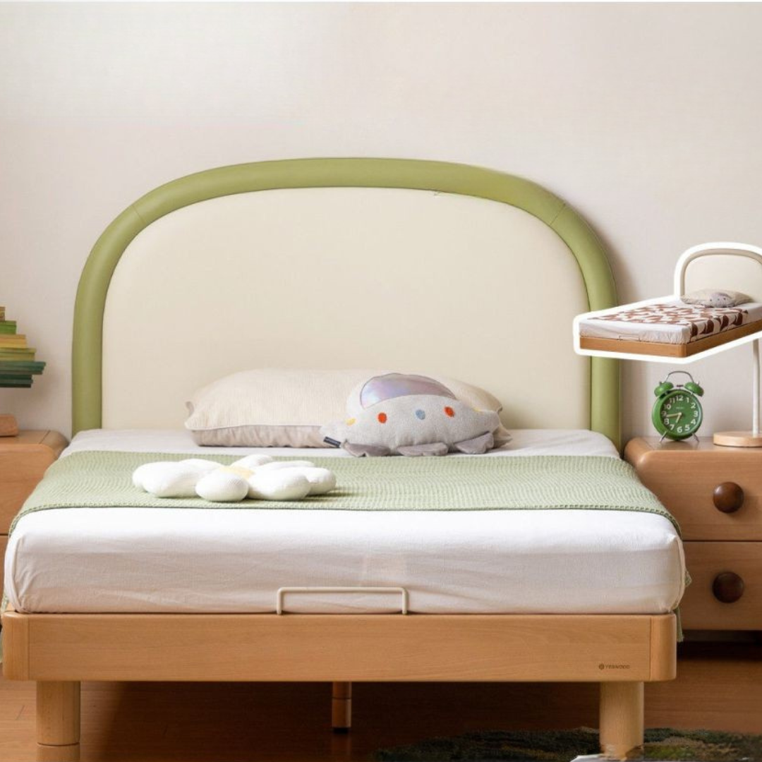 Beech solid wood Kids Bed with Round Headboard and Adjustable Height Legs